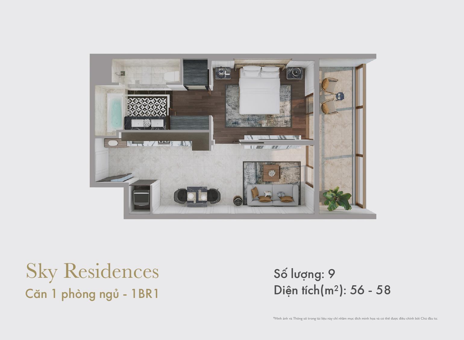 Sky Residences - Mặt bằng căn 1 phòng ngủ mẫu 1
