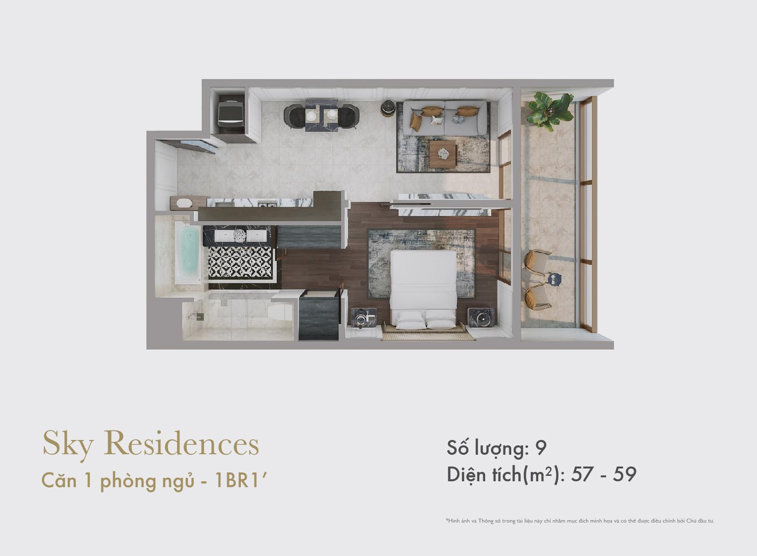 Sky Residences - Mặt bằng căn 1 phòng ngủ mẫu 2